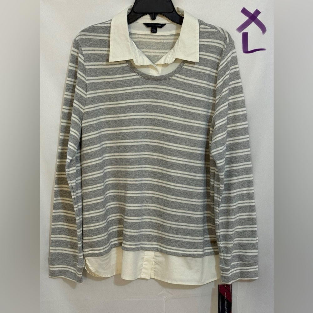 Tommy Hilfiger Gray and White Striped Sweater